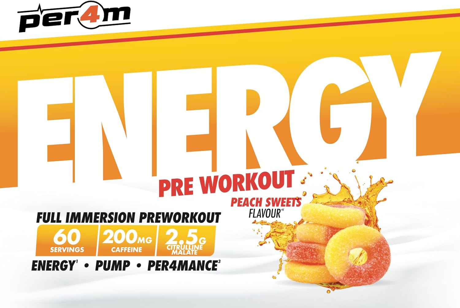 Per4m Energy Pre Workout with Amino Acids | Caffeine, Tyrosine, Citrulline & Theobromine | Endurance, Focus & Sustained Power | 60 Servings (390g, Peach Sweets) : Amazon.co.uk: Health & Personal Care