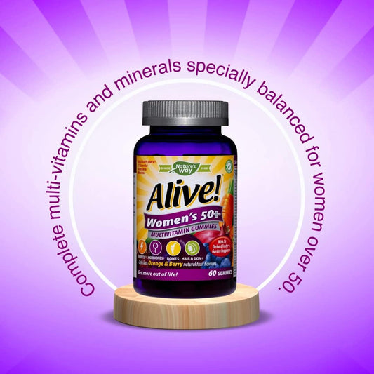 Alive! Women’S 50+ Multivitamin Gummies, Multi-Vitamins & Minerals With A Blend Of 26 Fruits & Vegetables, Specially Balanced Formulation For Women, Suitable For Vegetarians - 60 Gummies