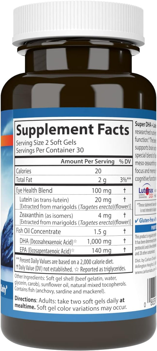 Carlson - Super DHA Plus Lutein, 1000 mg DHA + 20 mg Lutein, 60 Softgels