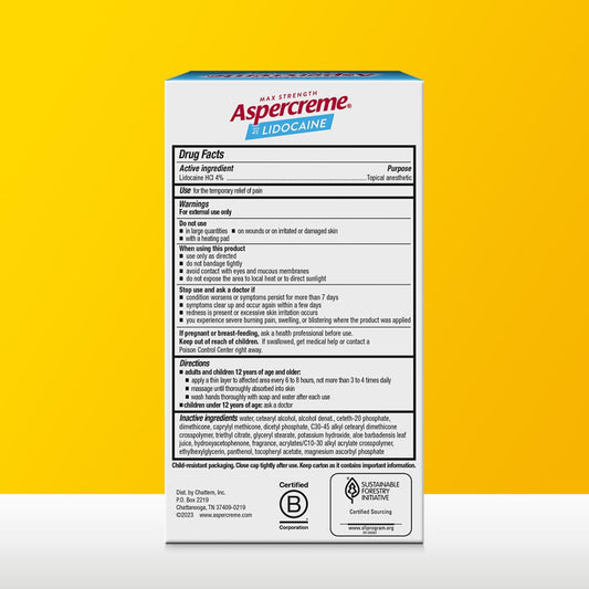 Aspercreme Lidocaine Foot Pain Relief Cream Soothes Aggravated Nerves & Moisturizes Dry Feet, Numbing Topical Analgesic With Max-Strength Lidocaine & Moisturizing Aloe, 4 Oz