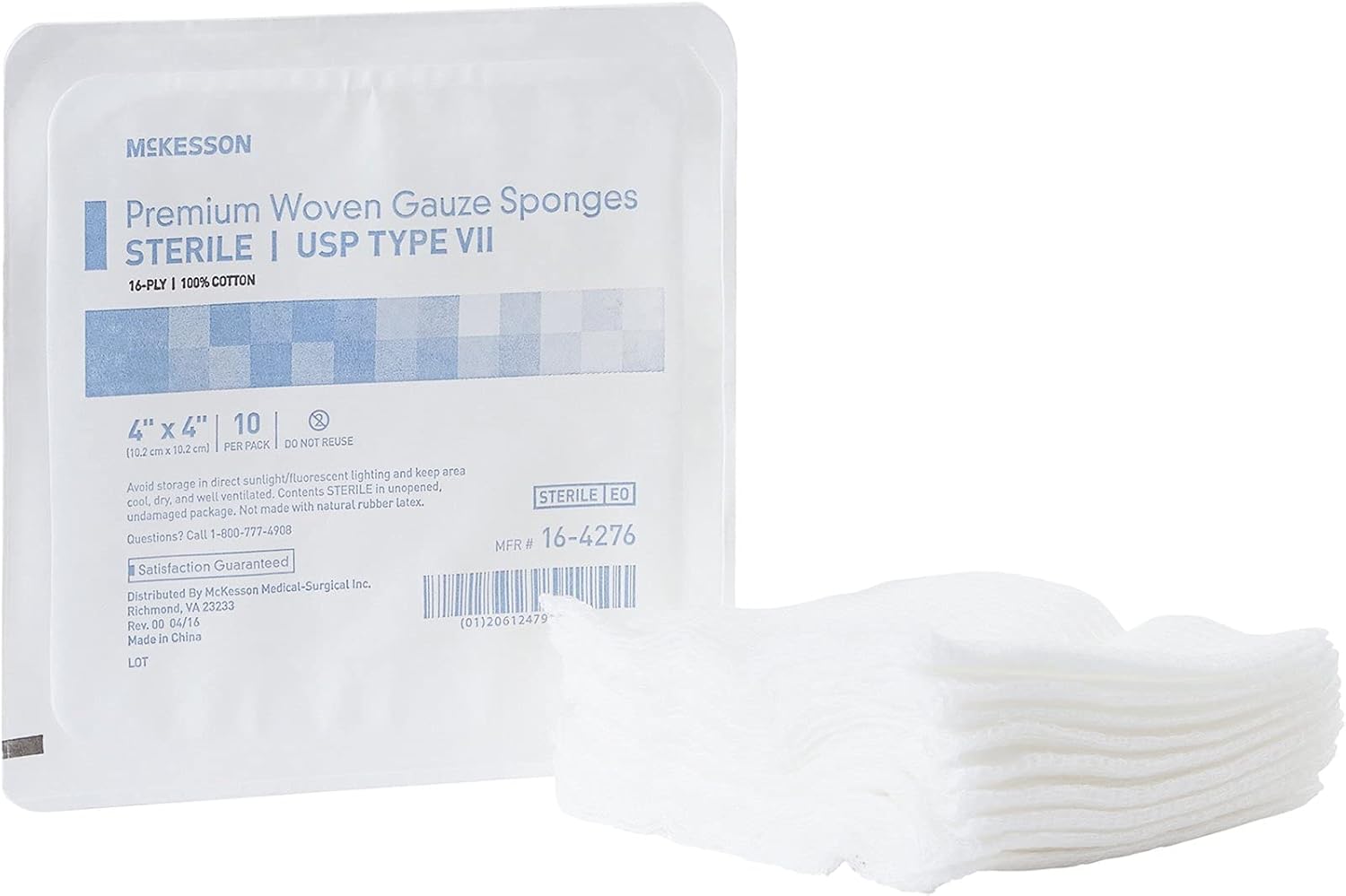 Mckesson Premium Woven Gauze Sponges, Sterile, 16-Ply, Usp Type Vii, 100% Cotton, 4 In X 4 In, 10 Per Pack, 72 Packs, 720 Total