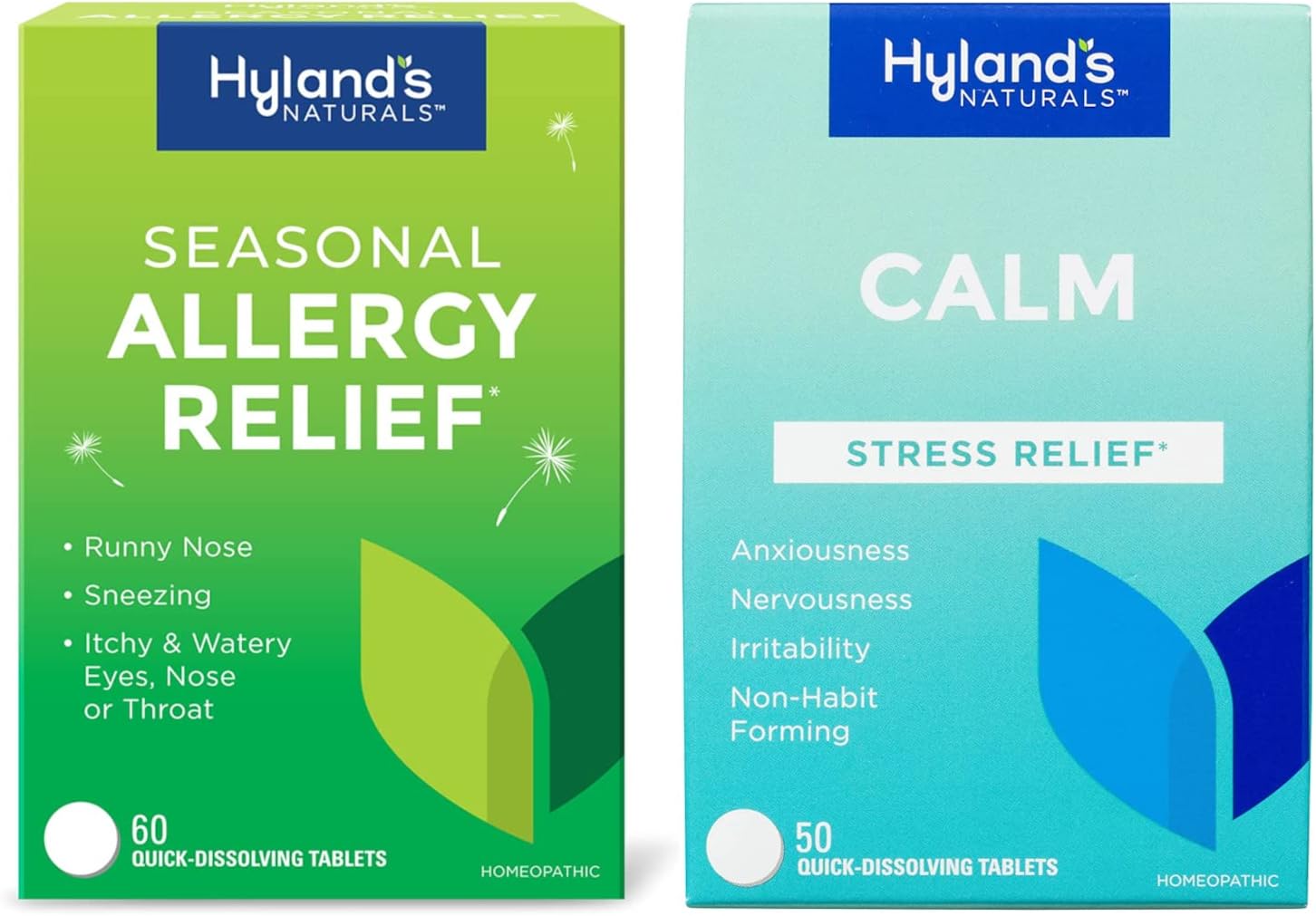 Bundle Of Hyland'S Indoor & Outdoor, Non Drowsy Seasonal Allergy Relief Pills 60 Ct + Calm Tablets, Stress Relief Supplement, Natural Relief Of Anxiousness, Nervousness, & Irritability 50 Ct