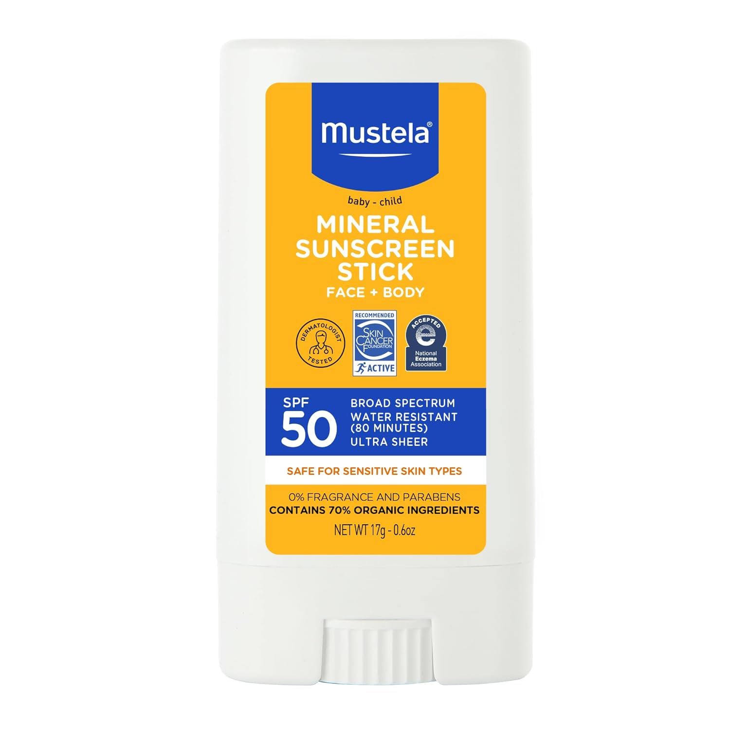 Mustela Baby Mineral Sunscreen Stick Spf 50 Broad Spectrum - Face & Body Sun Stick With 70% Organic Ingredients - Ultra Sheer, Water Resistant & Fragrance-Free - 0.6 Oz (Pack Of 1)