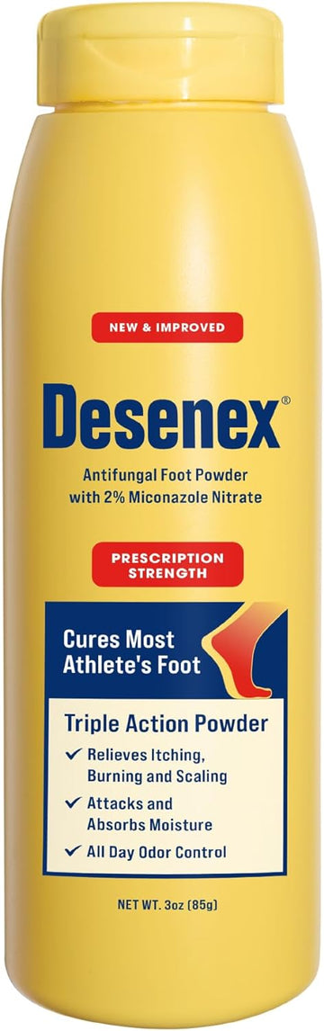 Desenex Anti-Fungal Foot Powder, Cures Most Athlete’S Foot, 2% Miconazole Nitrate, Helps Relieve Itching, Burning & Scaling, Attacks & Absorbs Moisture, All-Day Odor Control For Fresh Feet, 3Oz Bottle