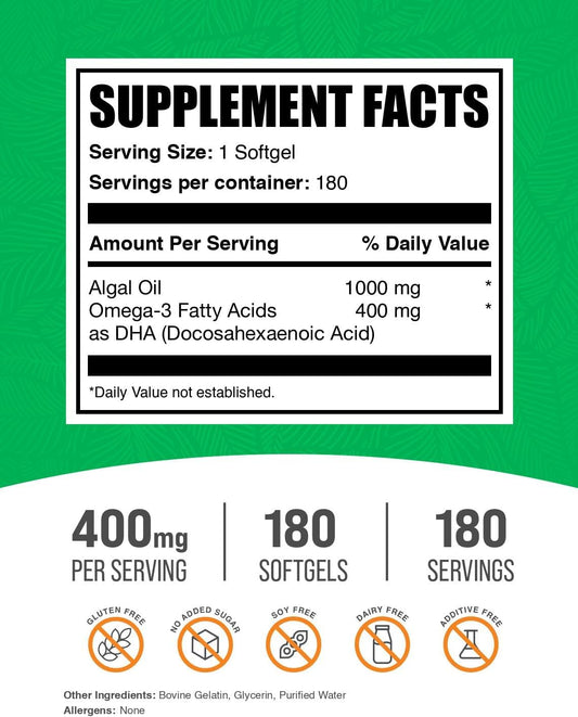 Bulksupplements.Com Omega-3 Softgels - From Algal Oil, Algae Oil Omega 3 Supplement - 400Mg Of Omega-3, Gluten Free, 1 Softgel Per Serving, 180 Count (Pack Of 1)