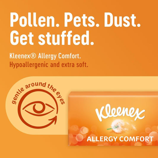 Kleenex Allergy Comfort Tissues - Pack of 12 Tissue Boxes- Hayfever Allergy Comfort Tissues - Extremely Gentle Tissues, Perfect for Hay Fever Symptoms