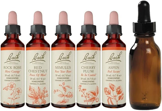 Bach Original Flower Remedies 5-Pack, Face Your Fears" Grouping - Aspen, Cherry Plum, Mimulus, Red Chestnut, Rock Rose, Plus Mixing Bottle, 20mL Dropper x5, Mixing Bottle x1