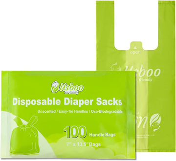 Biodegradable Disposable Diaper Bags, 100 Count, 10 Ounce Capacity, Easy-Tie Handles, Convenient And Eco-Friendly