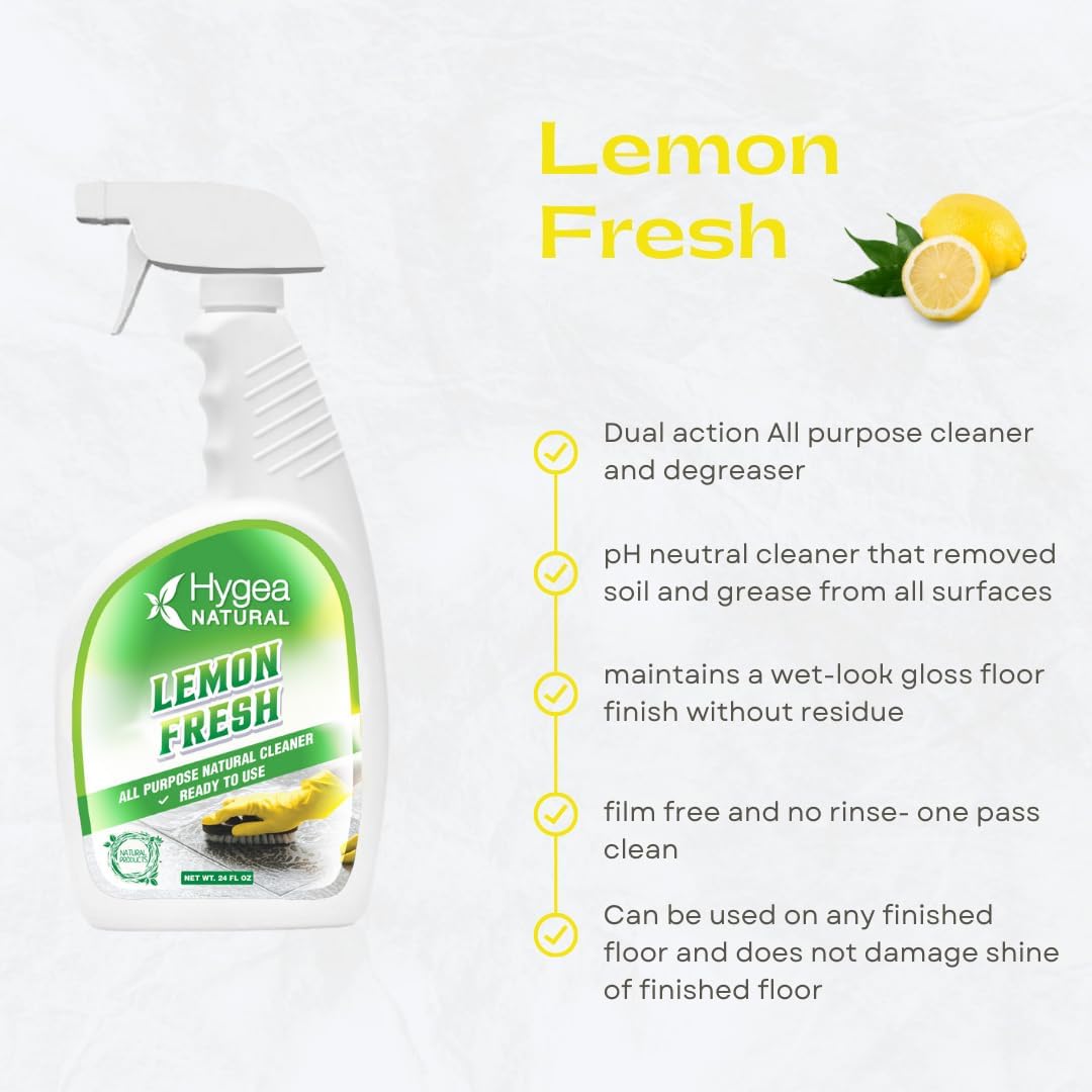 Hygea Natural Lemon Fresh All Purpose Cleaner- Multi-Surface Cleaner-Non Toxic Floor Cleaner- Remove Soil, Dirt and Grease- Wet Gloss Finish- Biodegradable, Ammonia Free (Ready to Use 24 oz Spray) : Health & Household