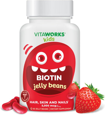 Kids Biotin 5000mcg Jelly Beans - Tasty Natural Strawberry Blast Flavor - Vegan, GMO-Free, Gluten Free, Nut Free - Dietary Supplement - Hair Skin and Nails Vitamins for Children - 60 Jellies