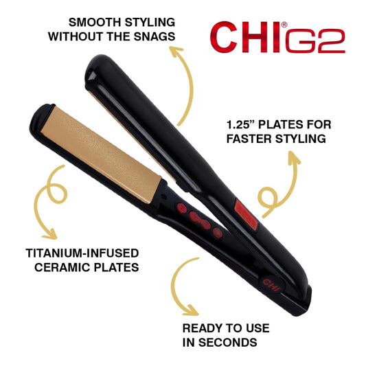 CHI G2 Professional Hair Straightener Titanium Infused Ceramic Plates Flat Iron | 1 1/4" Color Coded Temperature Ranges up 425°F For all hair types Includes Thermal Mat
