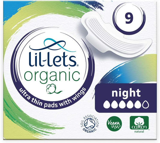 Lil-Lets Organic Cotton Night Pads, 9 Count, Ultra Thin, with Wings, for Medium to Heavy Flow, GOTS Certified, Plastic Free, Biodegradable, 100% Organic Cotton Top Cover and Absorbent Core