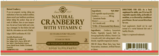 Solgar Naturally Sourced Cranberry with Vitamin C - 60 Vegetable Capsules - Supports Urinary & Bladder Health - Non-GMO, Vegan, Gluten Free - 60 Servings
