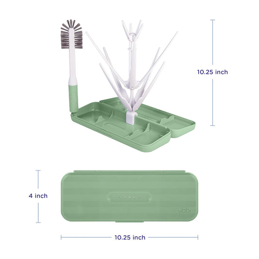 Ubbi On-The-Go Drying Rack And Brush Set, Includes Travel Case And Bottle Brush For Compact Storage, Holds Up To 8 Bottles, Baby Travel Accessories, Sage