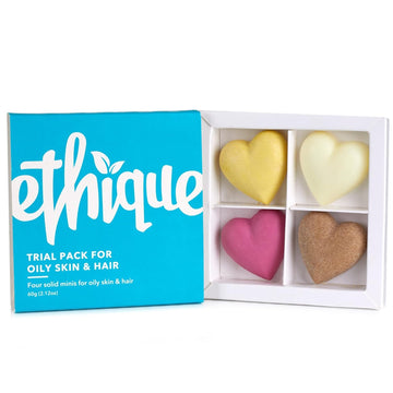 Ethique Trial Pack for Oily Skin & Hair - Shampoo, Conditioner, Face Cleanser & Body Butter - Plastic-Free, Vegan, Cruelty-Free, Eco-Friendly, 4 Travel Bars, 2.12 oz (Pack of 1)