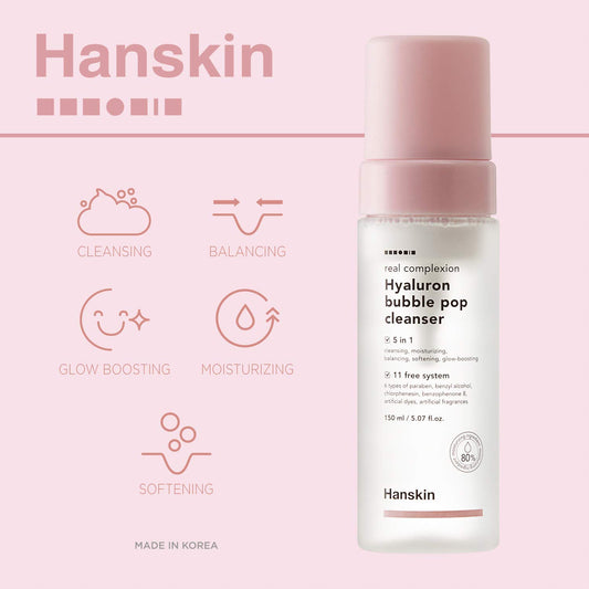 Hanskin Real Complexion Hyaluron Bubble Pop Cleanser, Hydrating Foaming Daily Face Wash, Gentle Moisturizing Softening And Glowing [5.07 Fl. Oz.(150Ml)]