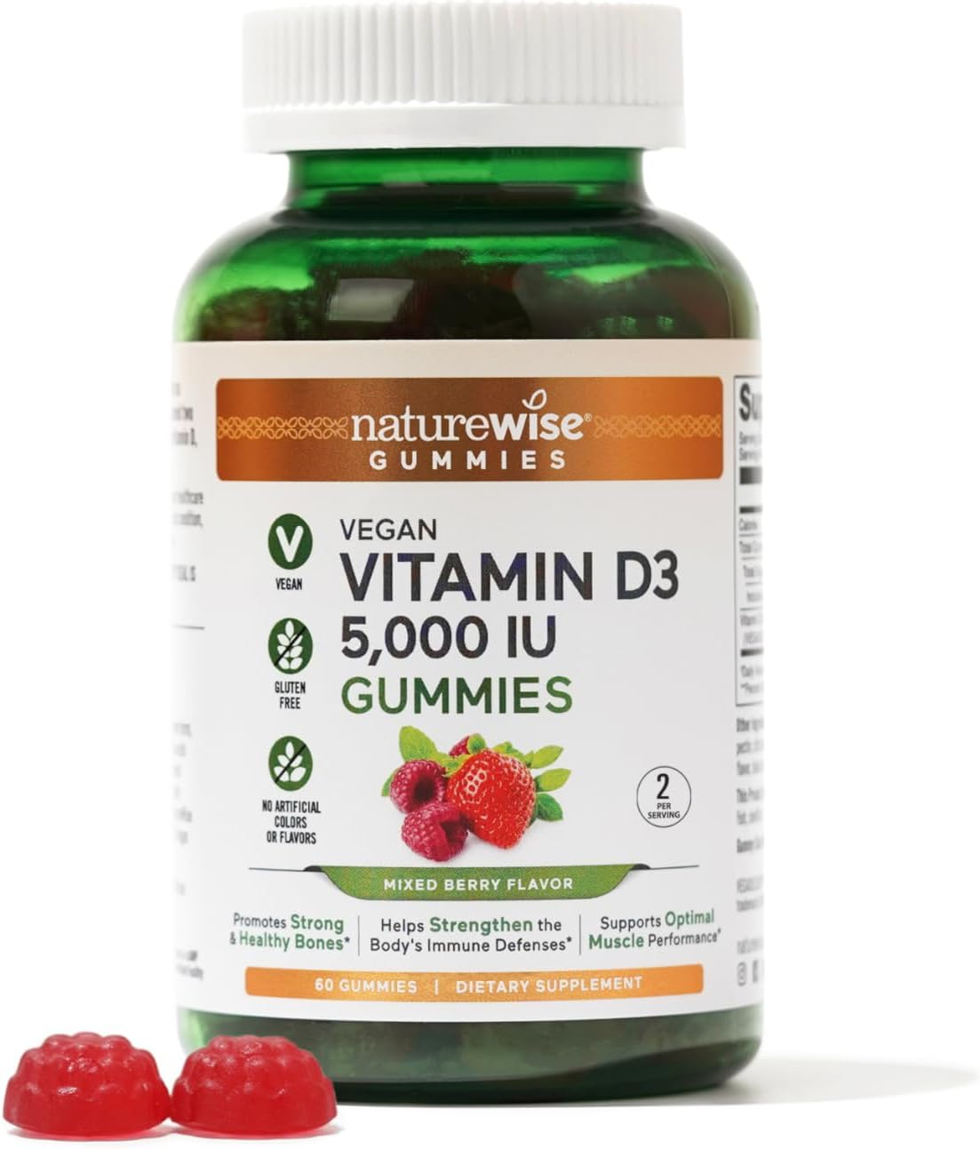 Naturewise Vitamin D3 5000 Iu Gummies - Mixed Berry Flavor - Vegan D From Lichen, Pectin Gummy For Adults, Immune Support, Muscle & Bone Strength - Gluten Free, Non-Gmo - 60 Count[1-Month Supply]