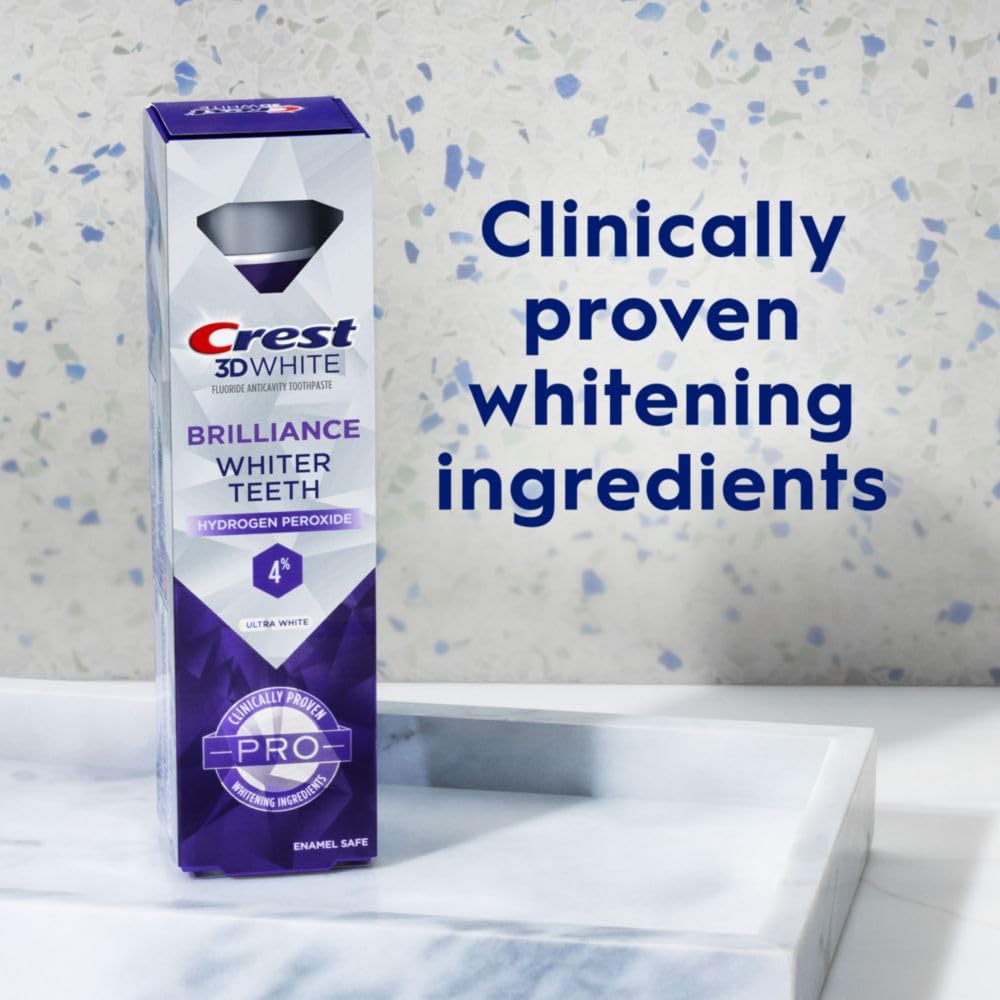 Crest 3D White Brilliance Pro Ultra White Teeth Whitening Toothpaste, 3.8 Oz, Anticavity Fluoride Toothpaste, 4% Hydrogen Peroxide, Active Whitening Protection : Health & Household