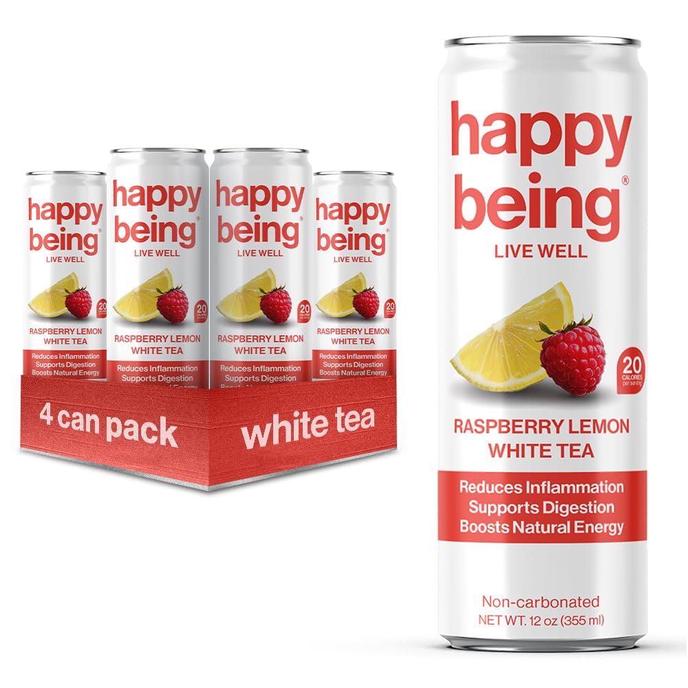 Happy Being Nutrient-Rich Organic Raspberry Lemonade White Tea – Infused With Turmeric, Elderberry, Vitamin D3, Caffeine Free, Plant-Based, Low Calorie & Low Sugar Drinks, 12Oz (4 Pack)