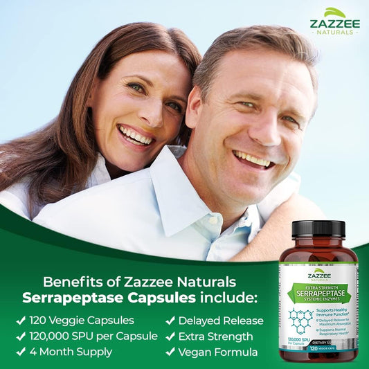 Zazzee Delayed Release Serrapeptase, 120,000 Spu Per Capsule, 120 Vegan Capsules, 4 Month Supply, Extra Strength, Potent And Concentrated Systemic Enzymes, 100% Vegetarian, All-Natural And Non-Gmo