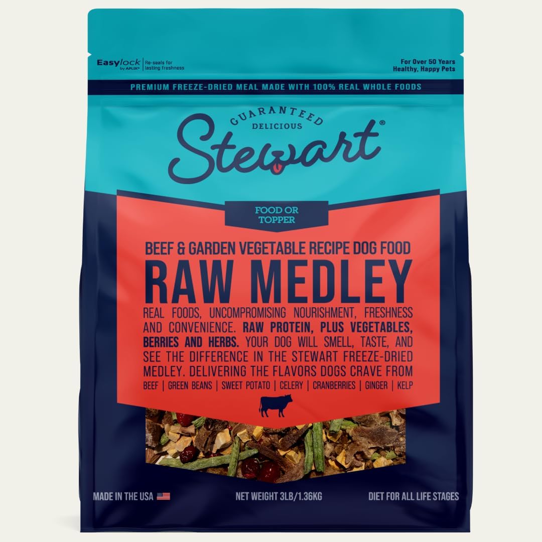 Stewart Raw Medley Freeze Dried Dog Food, Beef & Garden Vegetable Recipe, 3 Pound Bag, Made With Real Whole Foods And Raw Protein