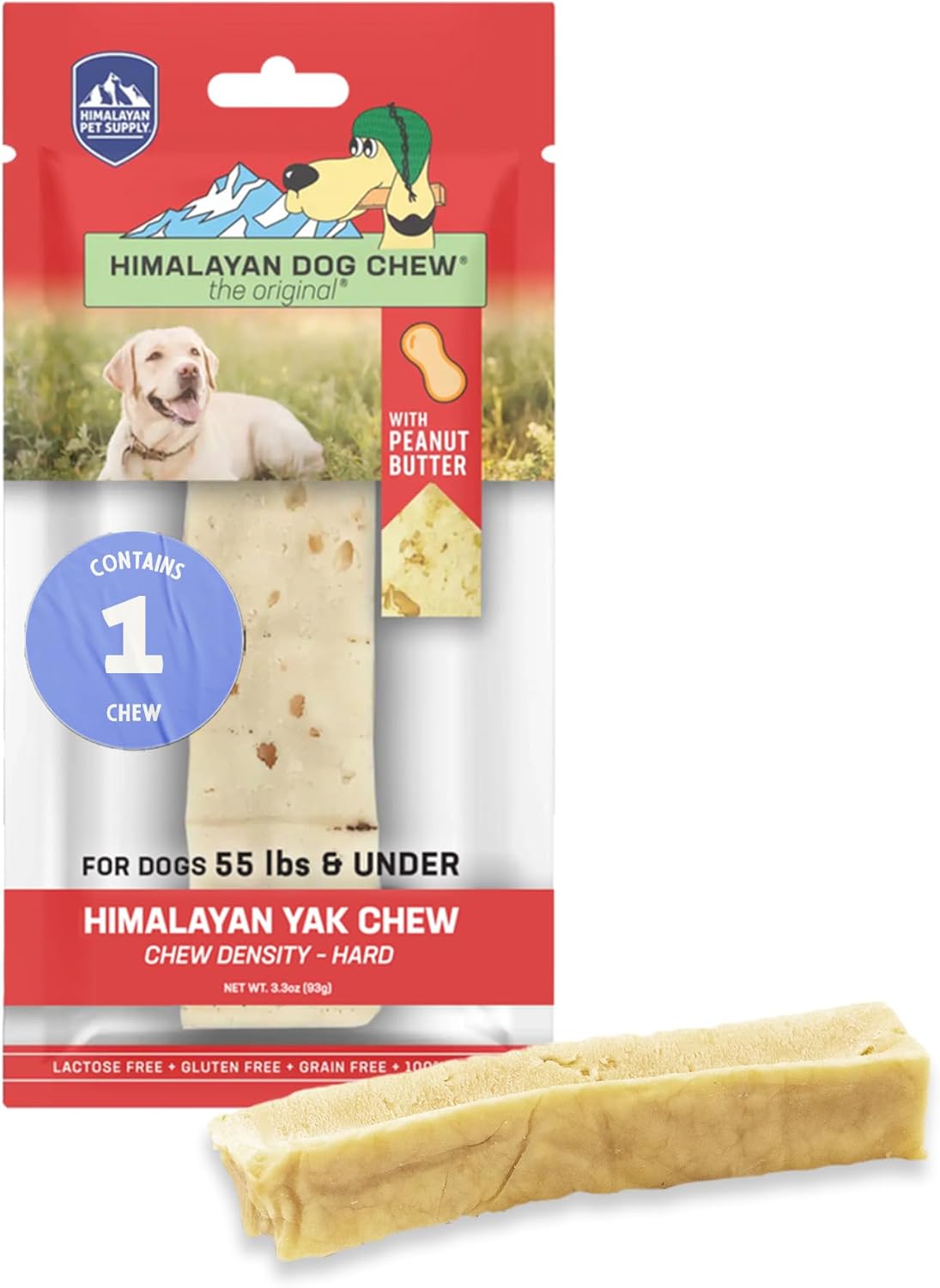 Himalayan Dog Chew Original Yak Cheese Dog Chew, Peanut Butter, 1 Large Stick, 3.3 Oz, Gluten Free, Healthy Dog Treats, Grain & Lactose Free 100% Natural, Long Lasting Dog Chews For Dogs Under 55 Lbs