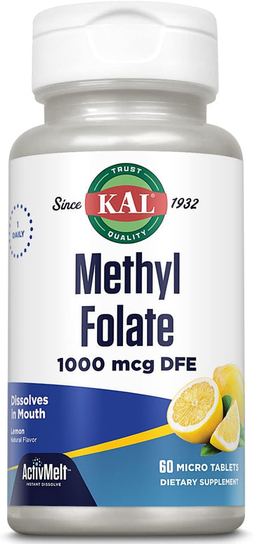 KAL Methyl Folate 1000 mcg, 5-MTHF Active Form, Folic Acid Supplement, Heart Health, Prenatal, Mood and Brain Support, Vegetarian, Natural Lemon ActivMelt, 60-Day Guarantee, 60 Serv, 60 Micro Tablets