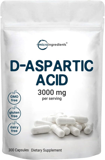 Micro Ingredients D Aspartic Acid Pills, Daa Supplement, 3000Mg Per Serving, 300 Capsules, Premium D Aspartic Acid, Non-Gmo