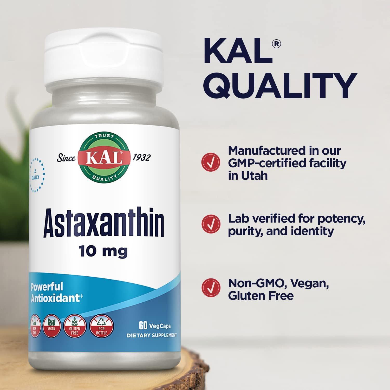 KAL Astaxanthin 10mg, Powerful Antioxidants Supplement, Eye Health and Brain Supplement, From Natural Plant Source, Non-GMO, Vegan, Gluten Free, 30 Servings, 60 VegCaps : Health & Household