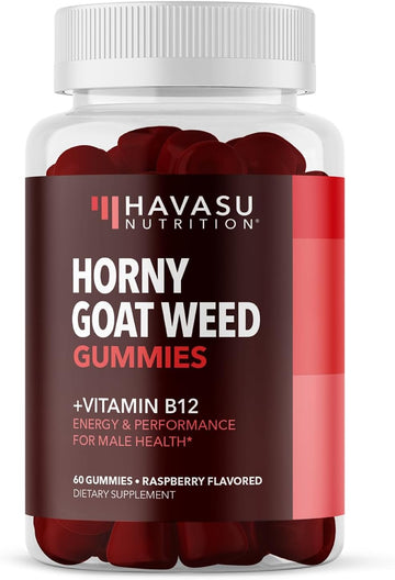 Horny Goat Weed Gummies With Vitamin B12 - Energy, Endurance & Performance Support For Men And Women - Enhanced With B12 Vitamins For Mood & Male Health Support - 60 Raspberry Vegan Gummies