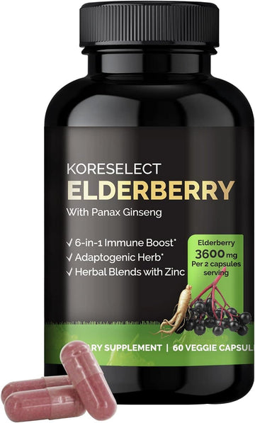 Elderberry Capsules with Panax Ginseng - Immune Support, 6-in1 Herbal Blend with Zinc, Ginger, Echinacea, Reishi Mushrooms - 60 Capsules