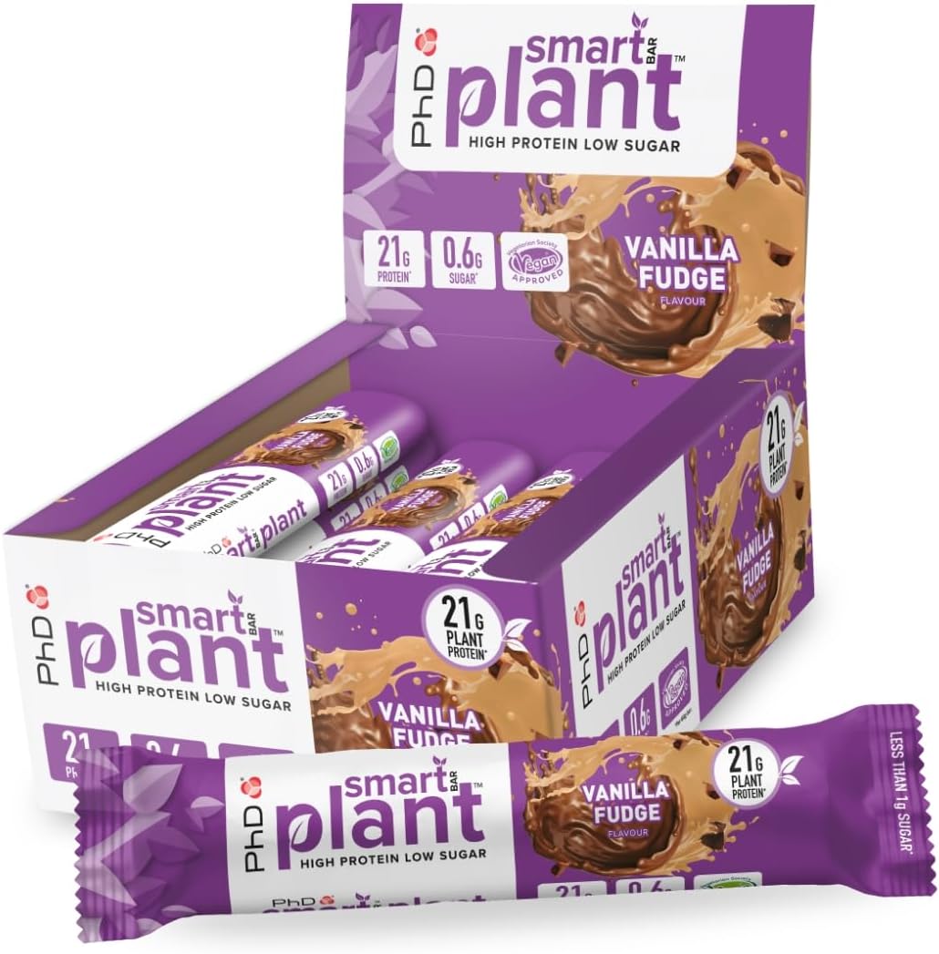 Phd Nutrition Smart Plant Bar Low Calorie, High Protein Low Sugar Vegan Protein Bar/Protein Snacks, Vanilla Fudge Flavour, 20G Of Plant Protein, 64G Bar (12 Pack)