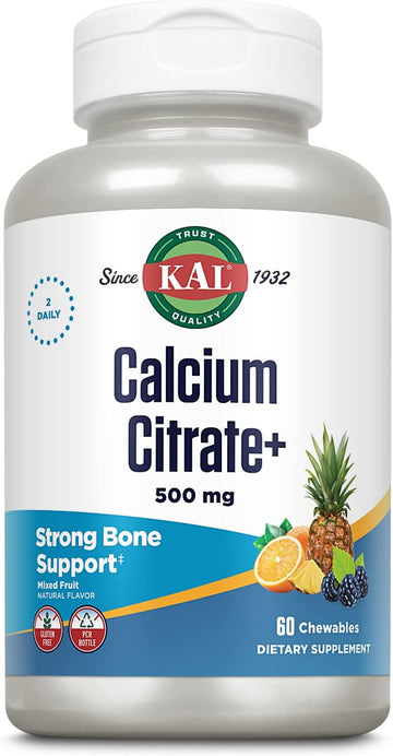 KAL® Calcium Citrate Chewable 500mg w/ Magnesium & Vitamin D-3 | for Bones, Teeth, Nerve & Muscle Support | Natural Mixed Fruit avor | 60 Chewables