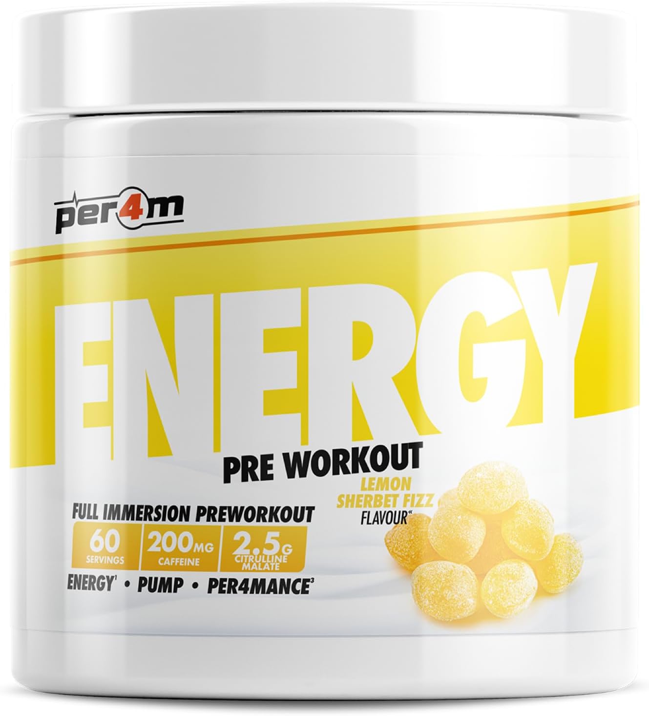 Per4M Energy Pre Workout With Amino Acids | Caffeine, Tyrosine, Citrulline & Theobromine | Endurance, Focus & Sustained Power | 60 Servings (390G, Lemon Sherbet Fizz)