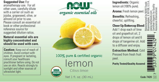 Now Essential Oils, Organic Lemon Oil, Cheerful Aromatherapy Scent, Cold Pressed, 100% Pure, Vegan, Child Resistant Cap, 1-Ounce
