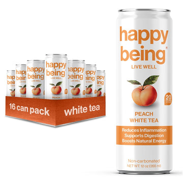Happy Being Nutrient-Rich Organic Peach Rose White Tea – Infused With Turmeric, Elderberry, Vitamin D3, Caffeine Free, Plant-Based, Low Calorie & Low Sugar Drinks, 12Oz (16 Pack)