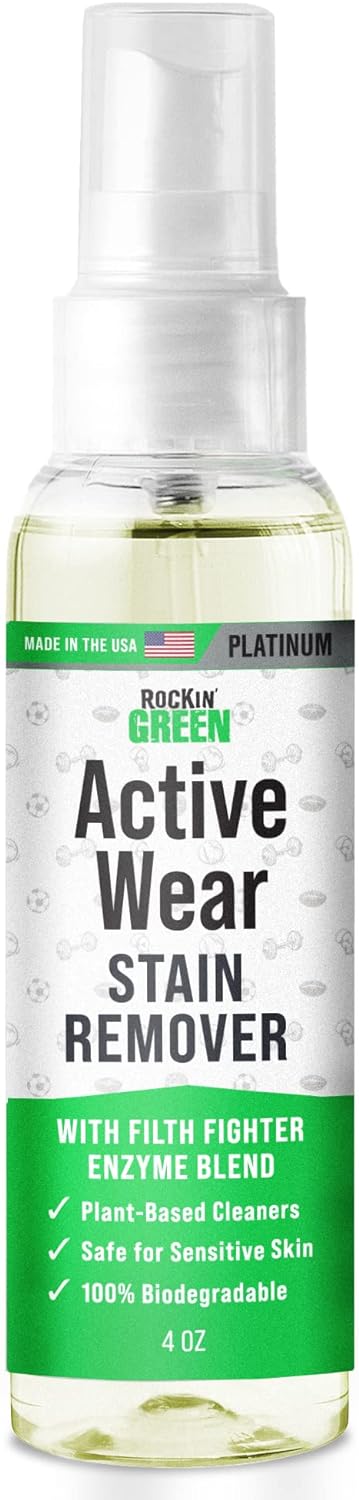 Rockin' Green Activewear Stain Remover for Clothes - Fights Sweat, Dirt, Food Stains, Odor Remover - Stain Remover Spray, Laundry Stain Remover, Spot Remover for Clothes Fabric Stain Remover 4 Fl Oz