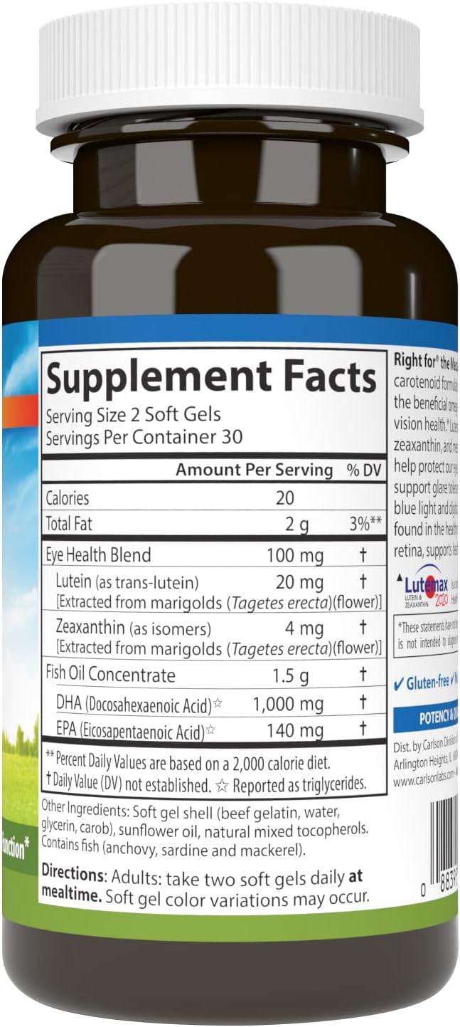 Carlson - Right for The Macula, Clinically Proven to Support Vision Health, Macular Health, Blue Light Protection & Eye Function, 60 Softgels