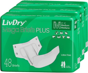 Livdry Megabriefs Adult Diapers With Tabs, Max 12-Hour Capacity, Super Absorbent Incontinence Underwear, Leak Protection Briefs, Medium, 48-Pack