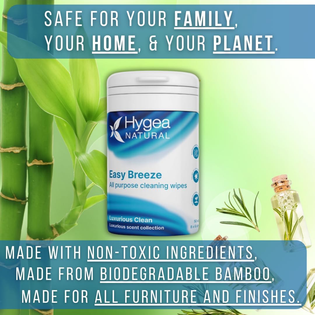 Hygea Natural EasyBreeze All Purpose Cleaning Wipes - Biodegradable Bamboo Wipes for Multi-surface Cleaning - Environmentally Responsible - Luxurious Linen Scented (4 Packs of 50 Wipes Each) : Health & Household