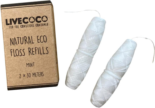 Livecoco Zero Plastic Dental Floss Refills, Tooth Floss For Adults And Kids, Waxed Floss With Fresh Mint Flavour For Oral Care, 2 Of 30M Floss Spools
