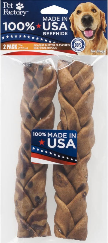 Pet Factory 100% Made in USA Beefhide 7" Braided Sticks Dog Chew Treats - Peanut Butter Flavor, 2 Count/1 Pack