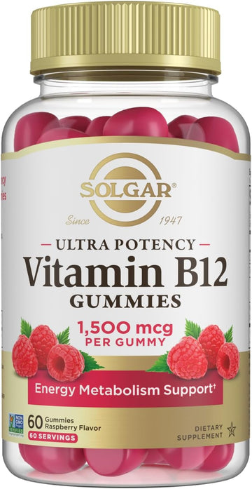 Solgar Methyl B12 Gummies For Adults 1,500Mcg Ultra Potency Vitamin For Energy & Metabolism Support, Raspberry Flavor, Vegan & Gluten Free Gummy For Women & Men, 2 Month Supply, 60 Servings, 2G Sugar