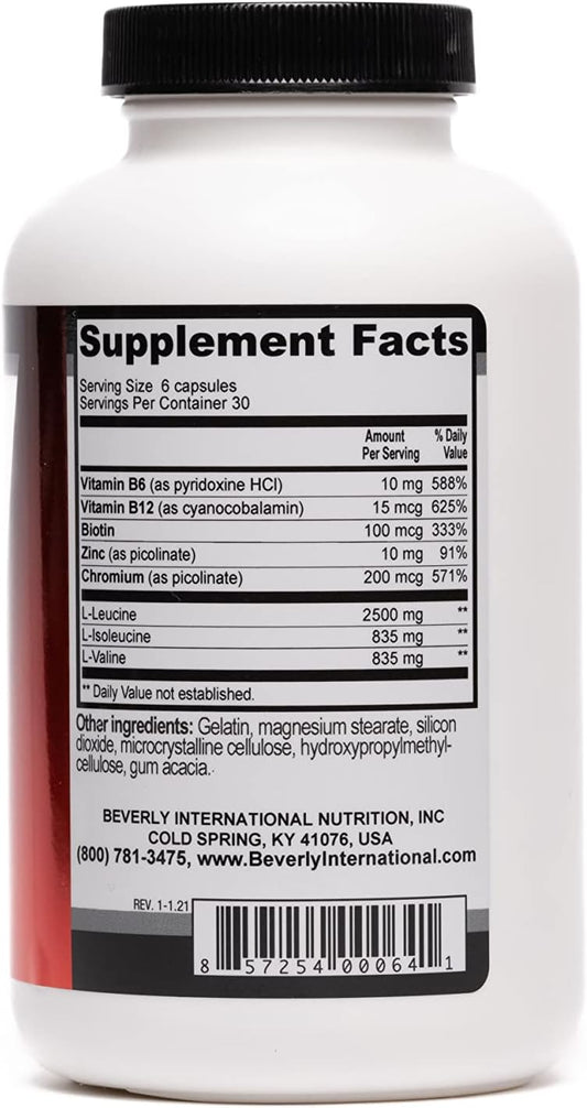 Beverly International Muscularity Specialty Bcaa Formula, 180 Capsules. Branched Chain Amino Acids + Chromium Picolinate, B6-B12. Improves Energy Metabolism - Muscle Recovery - Muscle Guard