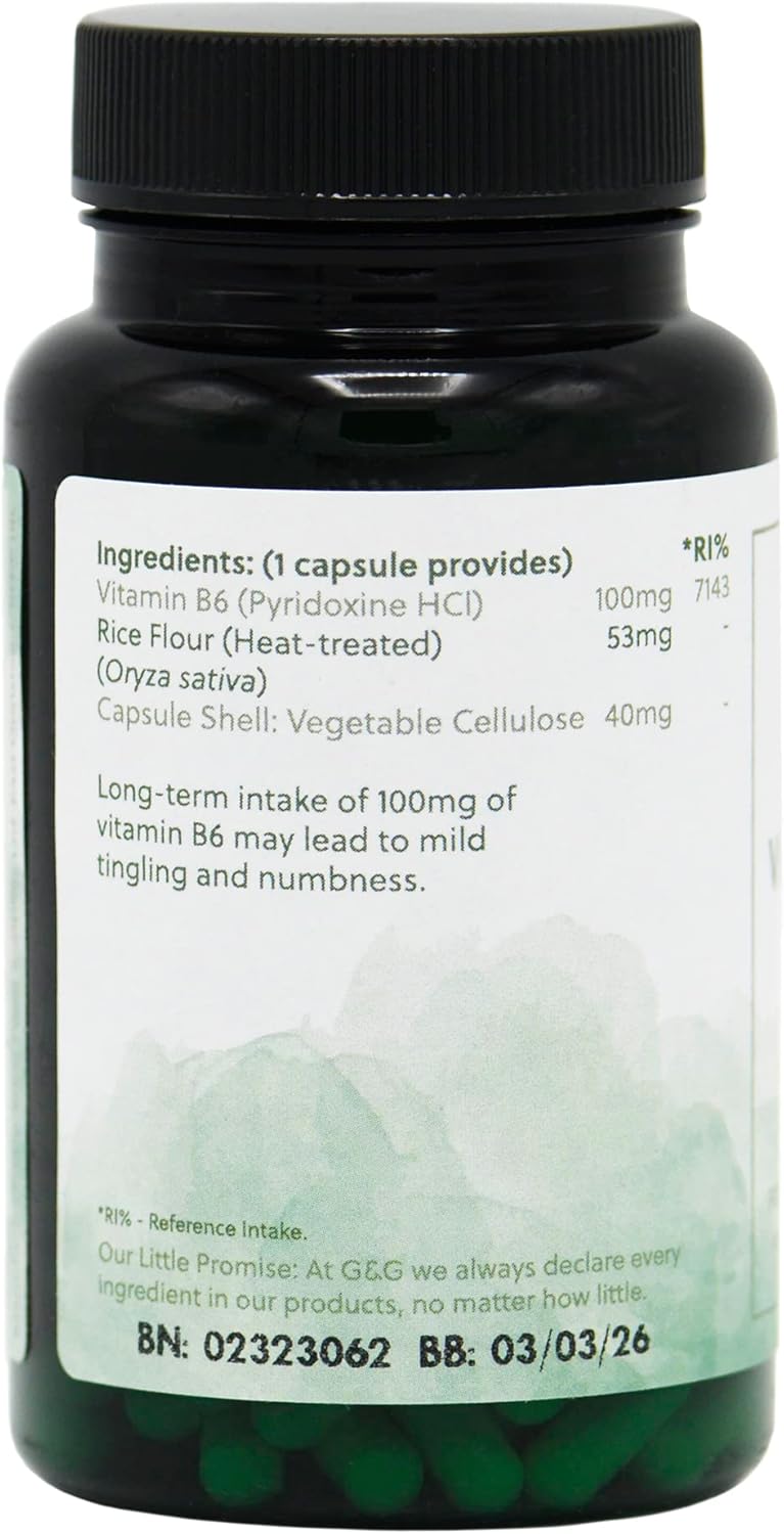 Vitamin B6 Pyridoxine HCl Capsules | 100mg Vitamin B6 per Capsule | 120 Vegan Capsules | G&G Vitamins : Amazon.co.uk: Health & Personal Care