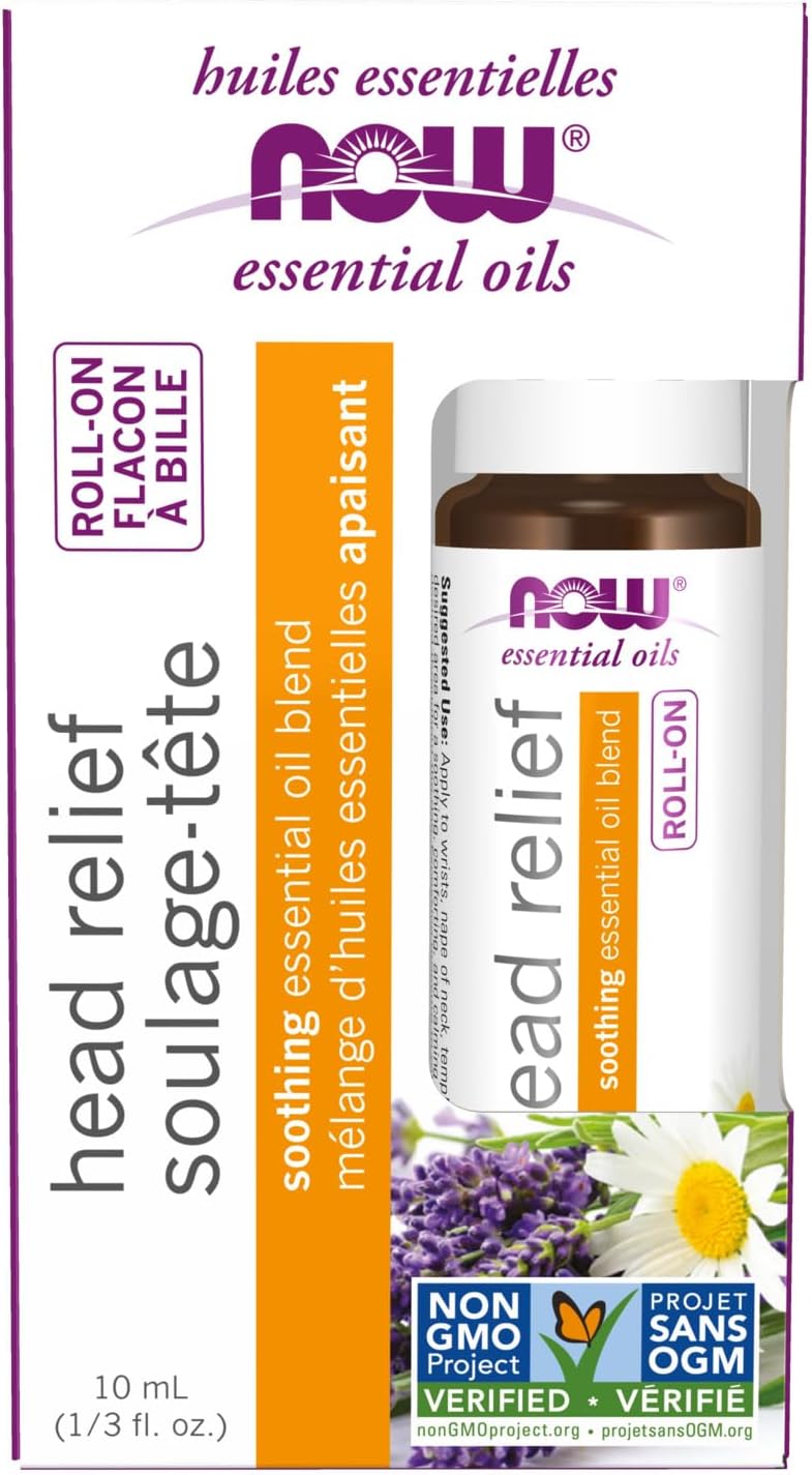 Now Foods Essential Oils, Head Relief Roll-On, Certified Non-Gmo, Soothing Blend, Steam Distilled, Topical Aromatherapy, 10-Ml