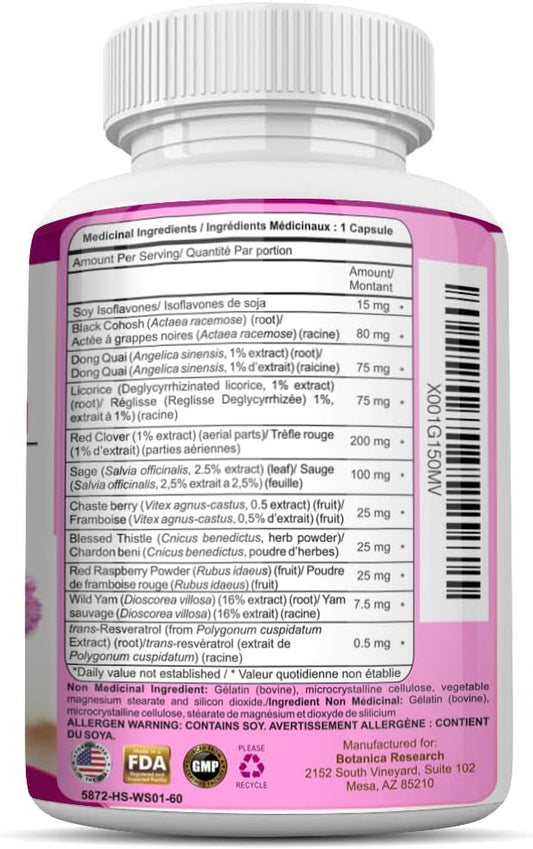 Menopause Relief Support For Hot Flashes Nights Sweats Hormonal Balance Support Supplement For Women Estrogen Wild Yam Black Cohosh Vitamins Lorice Root Herb Red Clover Extract Chasteberry Pills