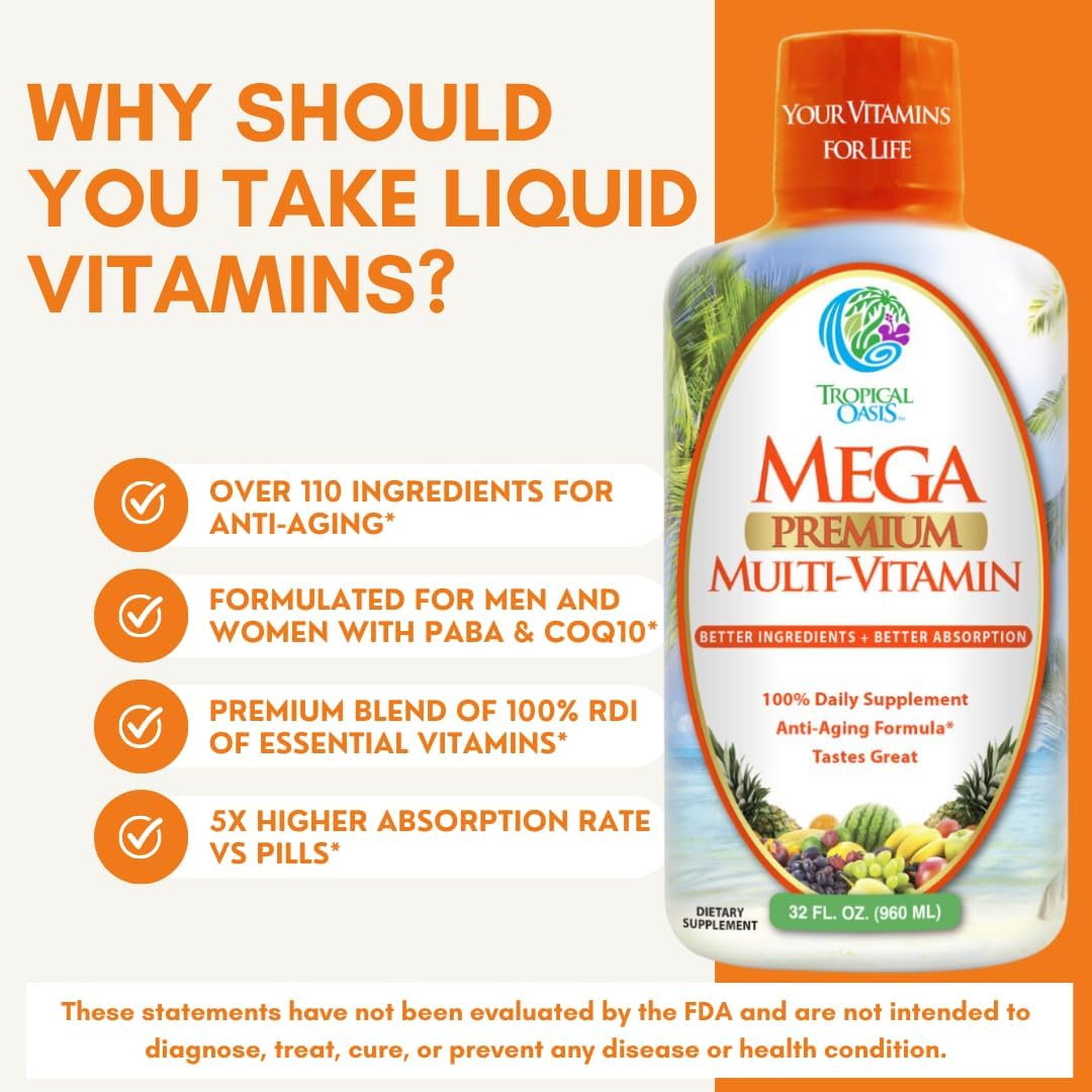 Mega Premium Liquid Multivitamin | Natural Immune Support Vitamin w/ 1333% Vitamin C, 200% D3, Zinc + 20 Vitamins, 70 Minerals, & 21 Amino Acids | Sugar Free | Orange Flavor | 98% Absorption | 32 Serv : Health & Household