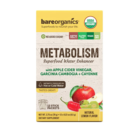 BareOrganics Metabolism Superfood Drink Mix, Organic, 12 Sticks, 0.23 Ounce