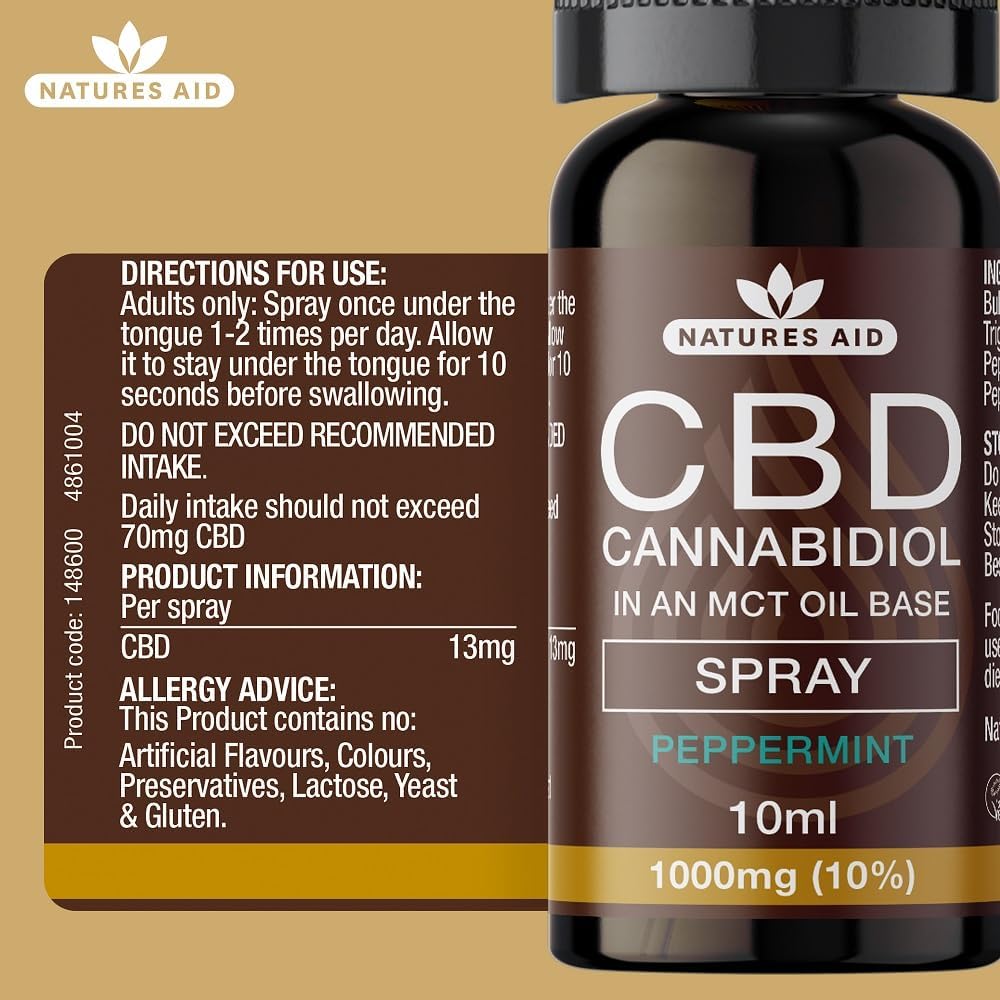 Natures Aid CBD Oil 5% Spray 500mg - Supports Stress Sleep & Anxiety Relief - Natural Peppermint Flavour - High Potency Cannabidiol - Non-GMO, Vegan - Easy Dose Oral Spray - 10ml : Amazon.co.uk: Health & Personal Care